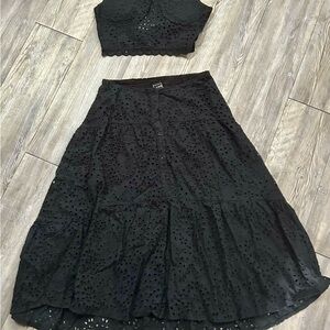 Black Eyelet Tiered Midi Skirt & Matching Crop Top - Women's